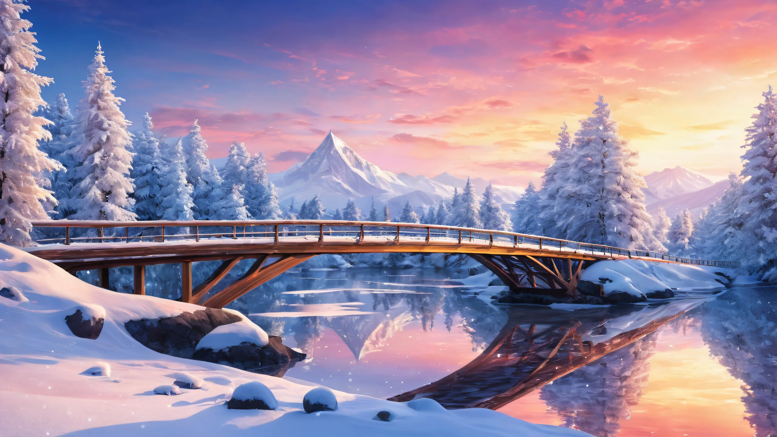 A serene winter wonderland scene of a bridge set against a pure white void for your desktop or PC