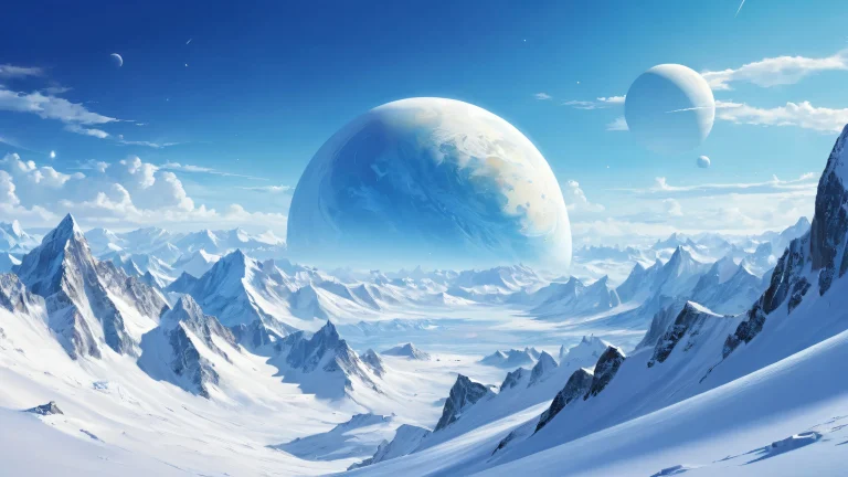 A stunning desktop wallpaper of Planet of Lana II's snow-covered landscape in the distance, perfect for your Desktop/PC.