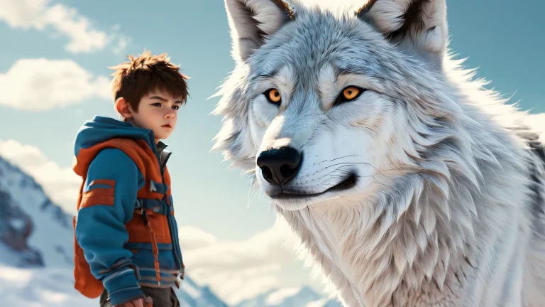 Breathtaking desktop wallpaper of Wolf Boy in a pure void with snow-like textures and ethereal lighting, perfect for Desktop/PC use.