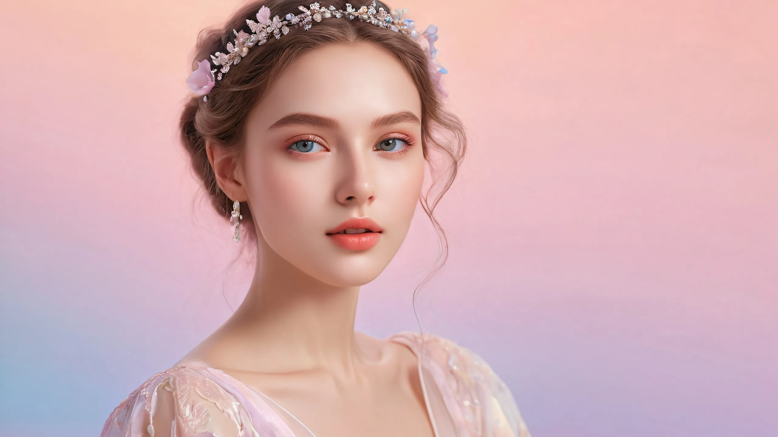 A stunning portrait of a European model set against a pure void background with subtle gradient, ideal for desktops and PCs.