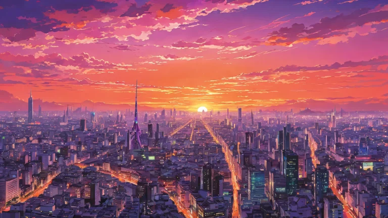 Award-winning digital art of Evangelion Unit on a pristine void background with a city skyline in the distance for Desktop/PC use.