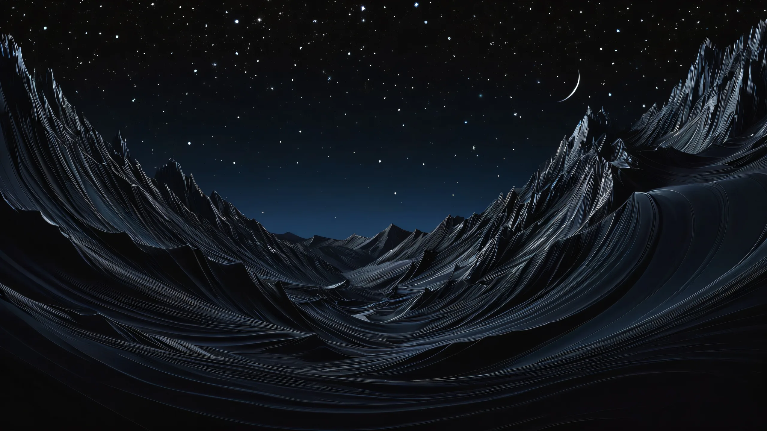 Breathtaking desktop wallpaper of a faithful night sky on a dark mode aesthetic with deep blacks and luminescent accents, perfect for Desktop/PC.