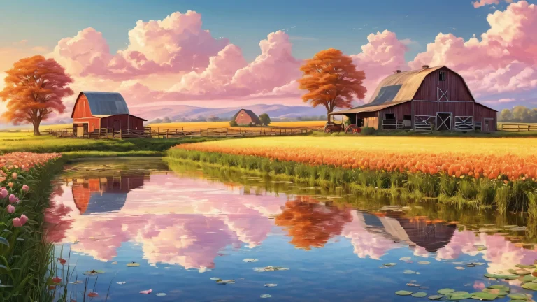 A serene farm scene for your desktop or PC, with a vast pure void and stunning ethereal lighting.