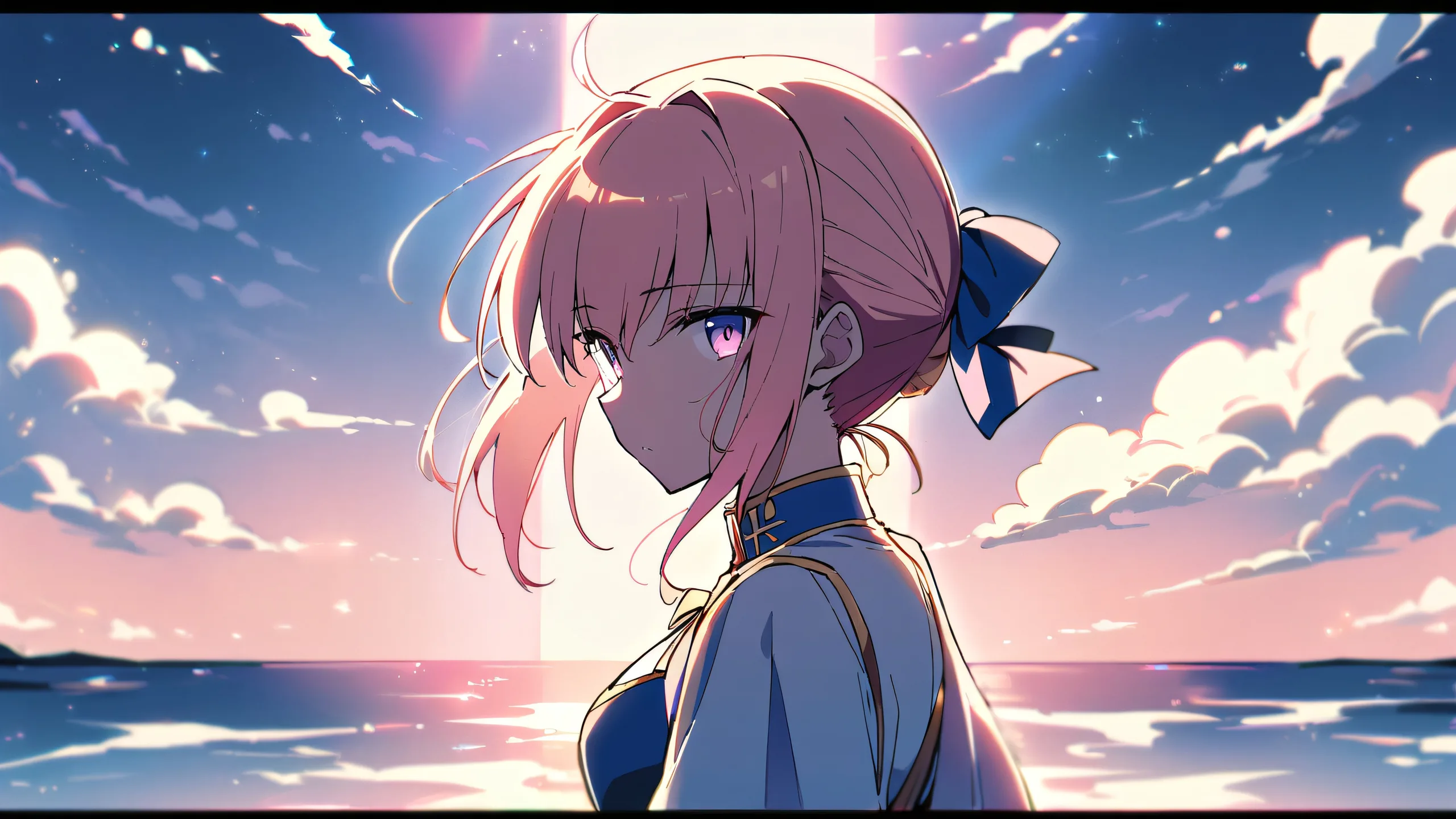 A lone girl holds a saber, surrounded by a vast pure void, with a beautiful sky and ethereal lighting on her desktop or PC.