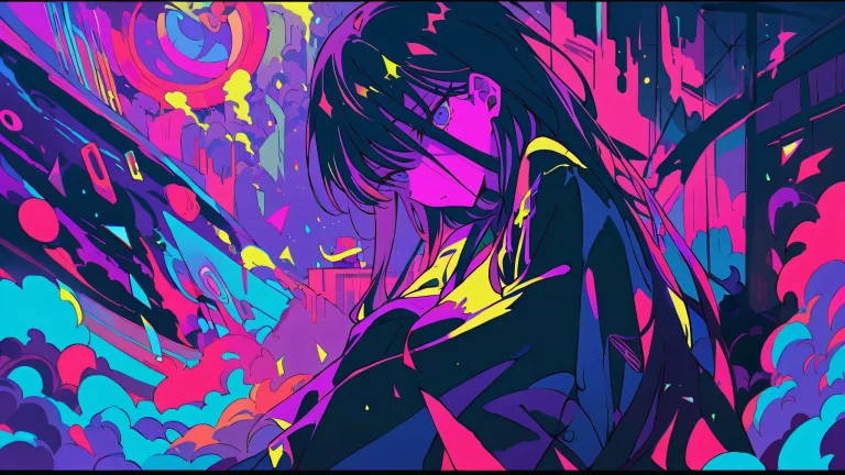 Solitary figure of Faye standing amidst a vast, pure void on a dark blue background, with deep blacks and striking contrast.