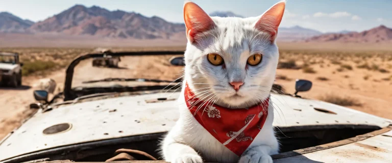 White cat with red bandana standing on the hood of a car in a post-apocalyptic wasteland, perfect for desktop/pc backgrounds.