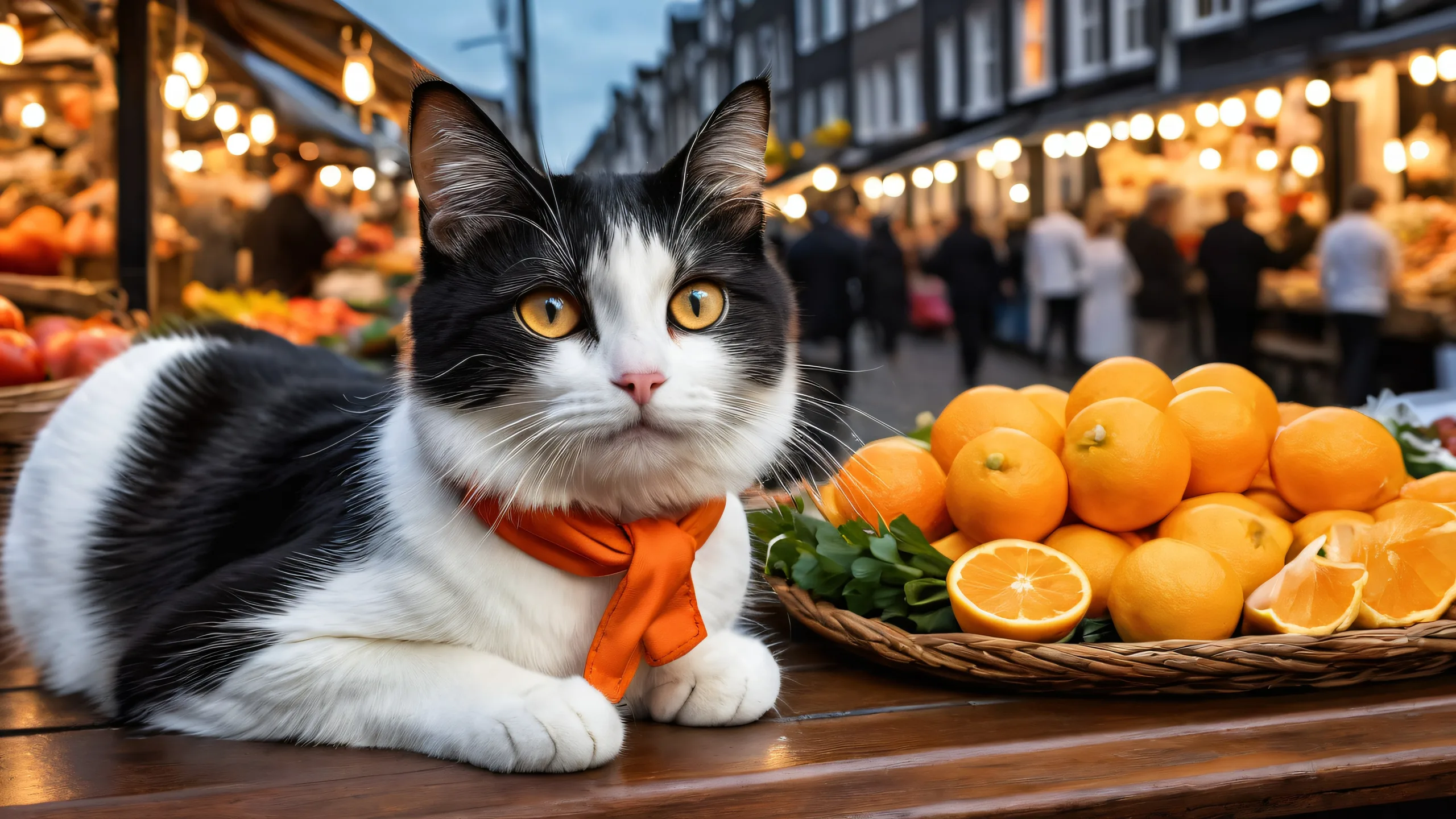 Desktop/PC wallpaper featuring a cat with a blurred bustling dutch street market in the background, with vibrant colors and striking contrast.