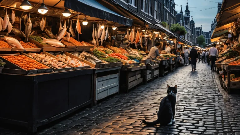 A playful cat and a fish market scene on a clean desktop background for PC and Desktop use.