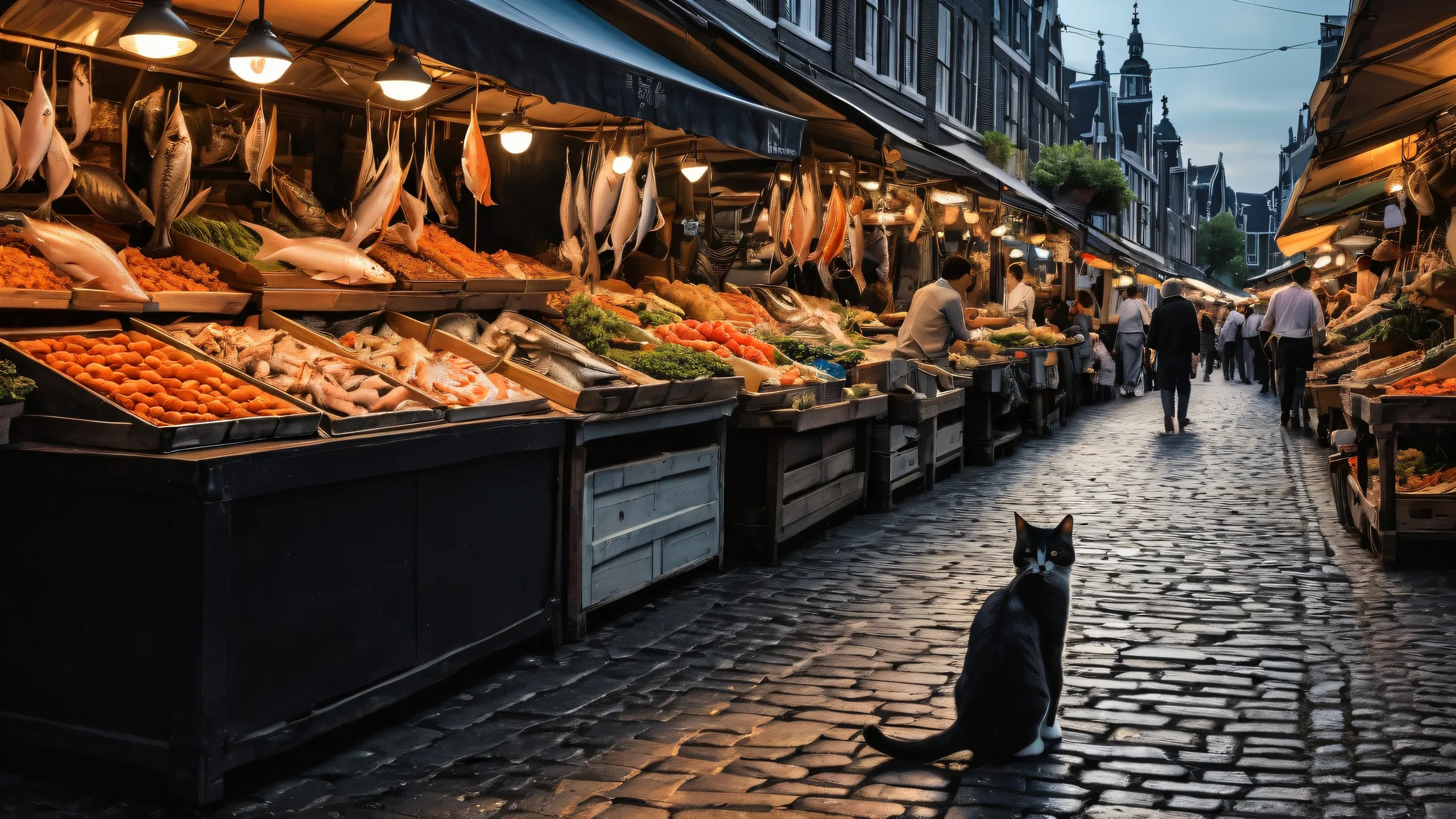 A playful cat and a fish market scene on a clean desktop background for PC and Desktop use.