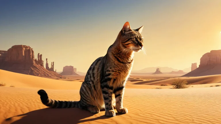 A stunning desktop wallpaper of a cat in a post-apocalyptic desert landscape for PC or Desktop use.
