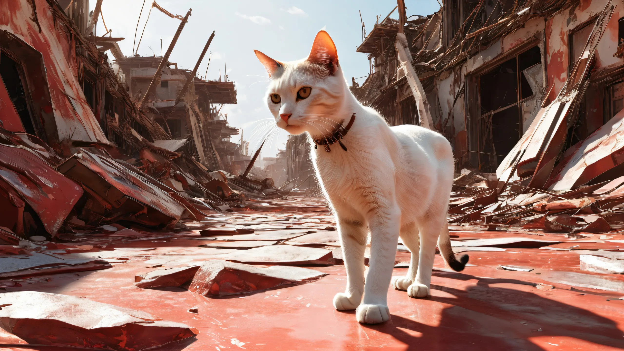 A post-apocalyptic wasteland scene featuring a cat amidst the devastation, suitable for desktop or PC backgrounds.
