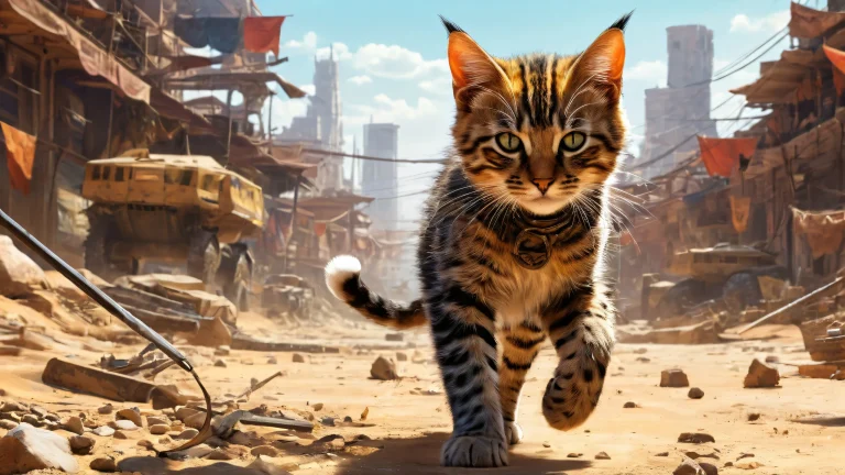 A stunning desktop image of a feline warrior standing amidst an urban wasteland with a pure void background, perfect for your PC or Desktop.