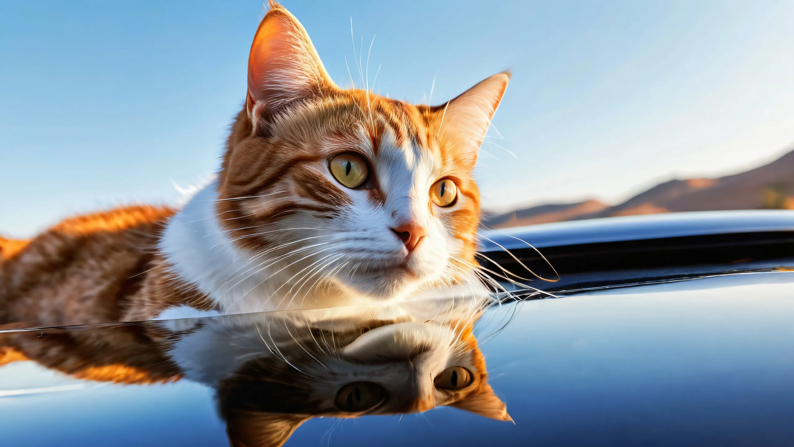 A serene cat sitting on a car hood amidst a vast, pure void, perfect for desktop/pc backgrounds.