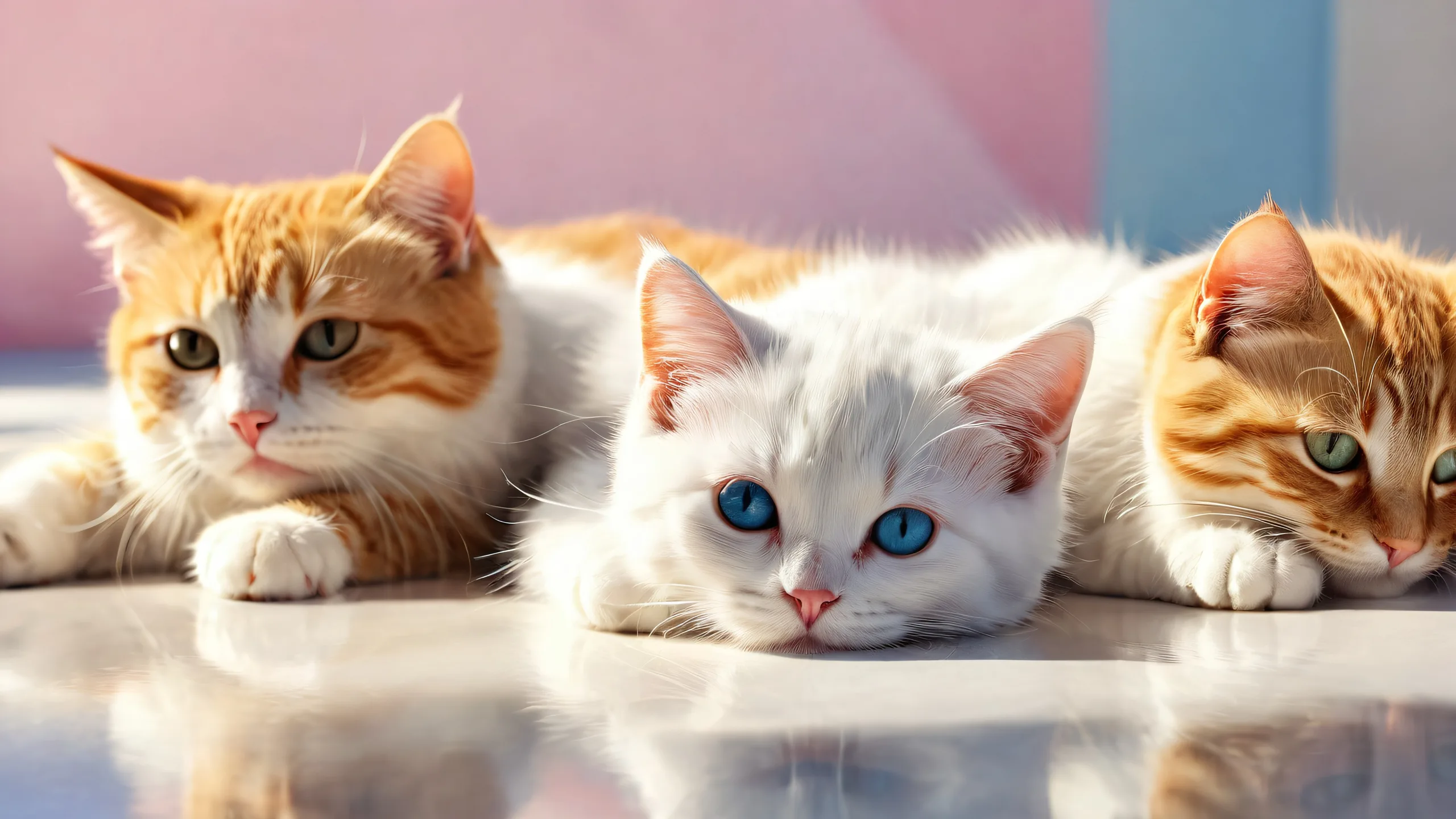 Cats lying down on a pristine void with extreme depth of field for Desktop/PC