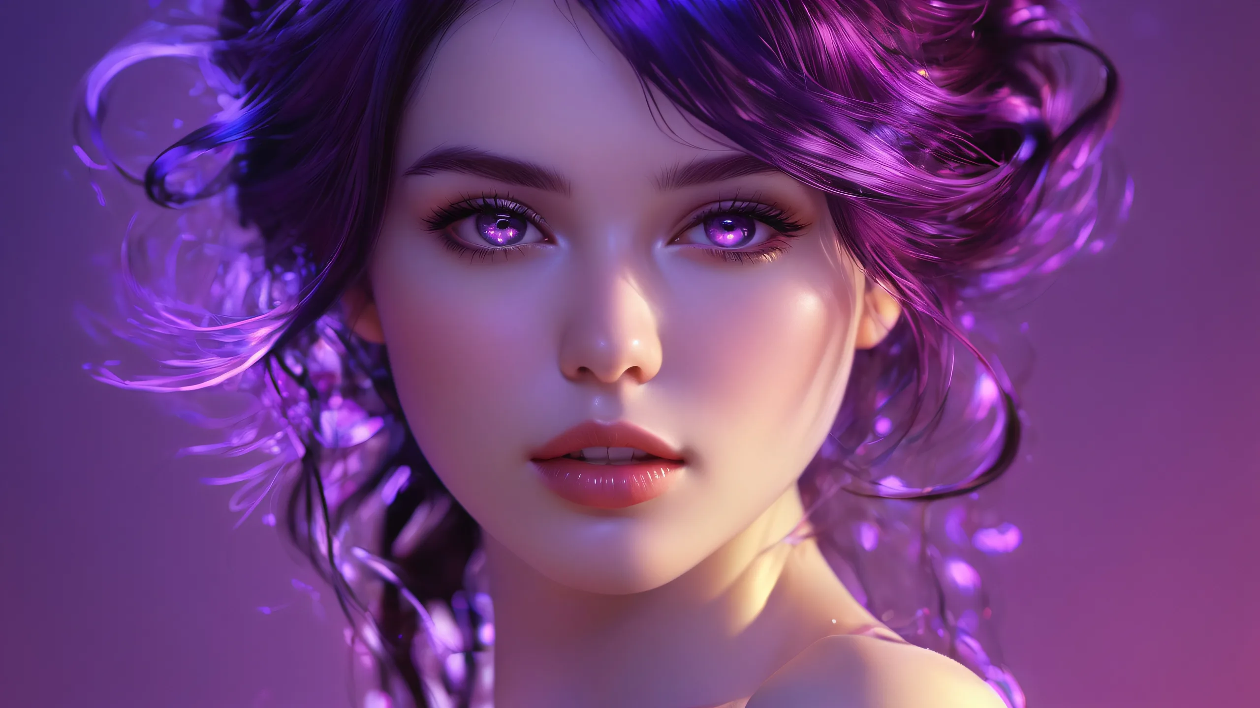 A captivating female figure stands against a vast, pristine void on a desktop or PC, with extreme depth of field and brilliant colors.