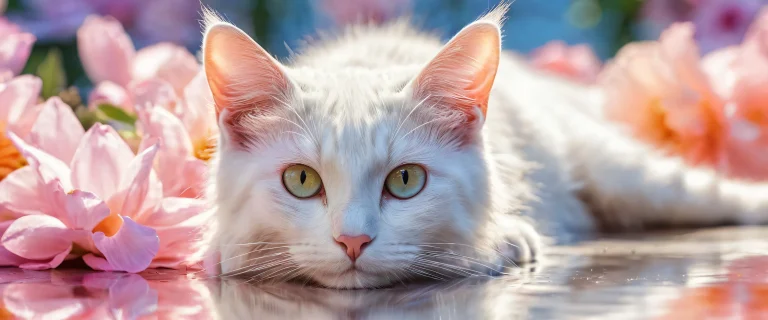 A serene and peaceful desktop scene featuring a feminine feline surrounded by a vast pure void, with stunning ethereal lighting and brilliant colors.
