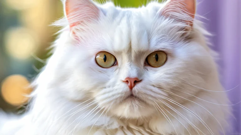 A stunning desktop wallpaper featuring a majestic feral white Persian cat in perfect composition on a vast, pure void background for Desktop/PC use.