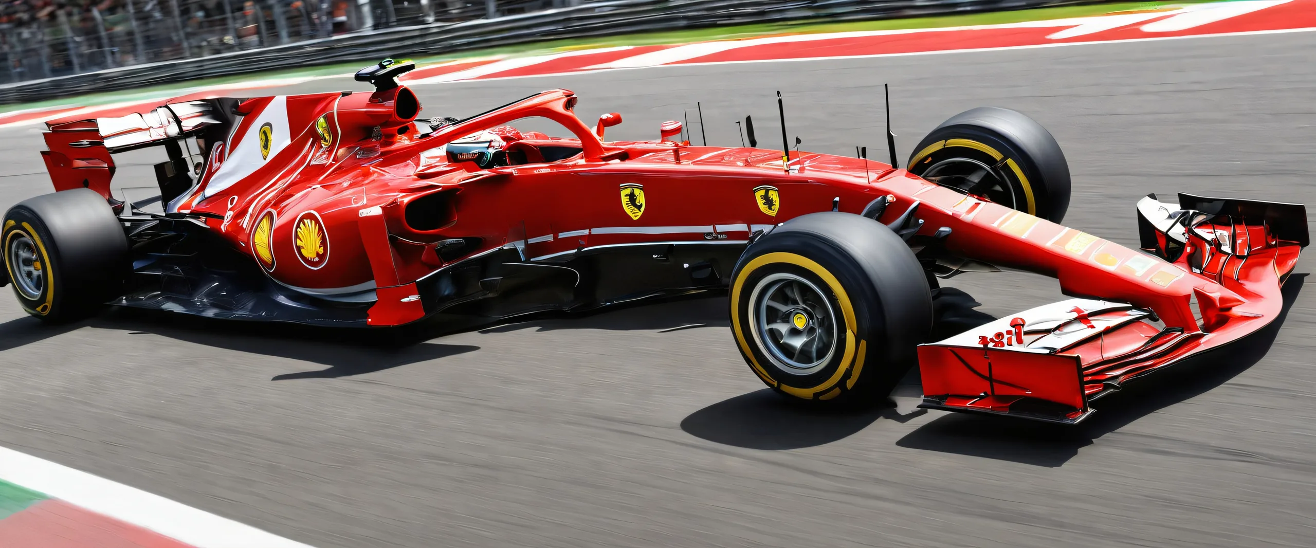 Formula 1 Ferrari desktop wallpaper with a vast pure void and extreme depth of field, perfect for Desktop/PC screens.