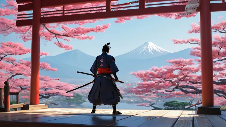 Samurai duel against pure void backdrop, feudal Japan. Desktop/PC wallpaper.