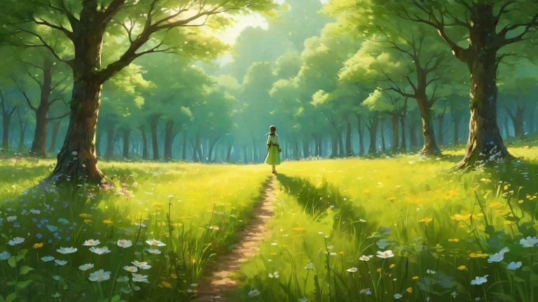 A serene figure stands in a vast meadow on a desktop or PC, with a deep depth of field and soft focus.