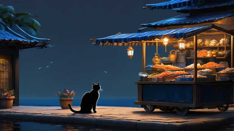 A cat and fish vendor scene on a pristine dark mode desktop/PC background.