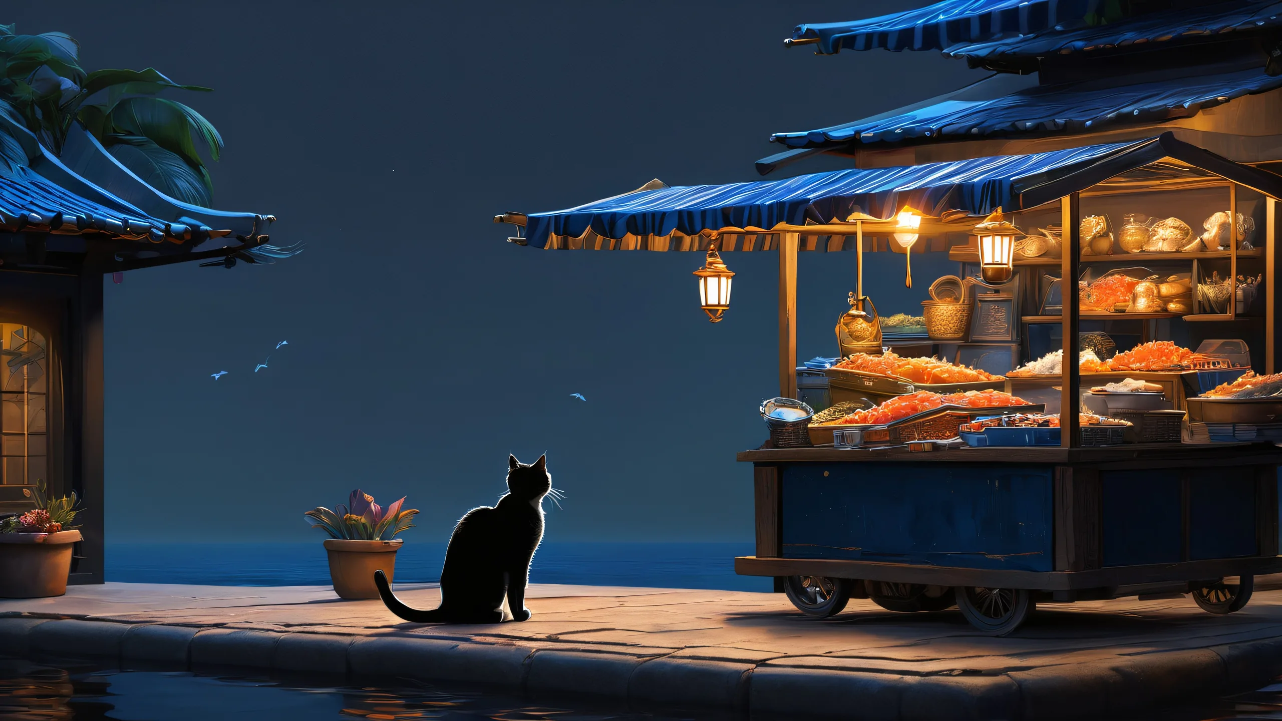 Epic Fish Tales in Dark Mode Desktop Wallpaper A cat and fish vendor scene on a pristine dark mode desktop/PC background.