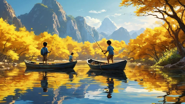 Children fishing on a pristine void desktop background with ethereal lighting, suitable for PC and Desktop use.
