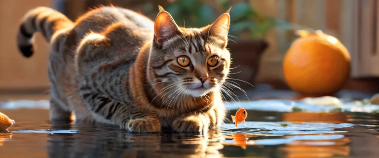 A serene Tabby Cat with Fish on a pristine void Desktop/PC wallpaper featuring award-winning digital art and ethereal lighting.