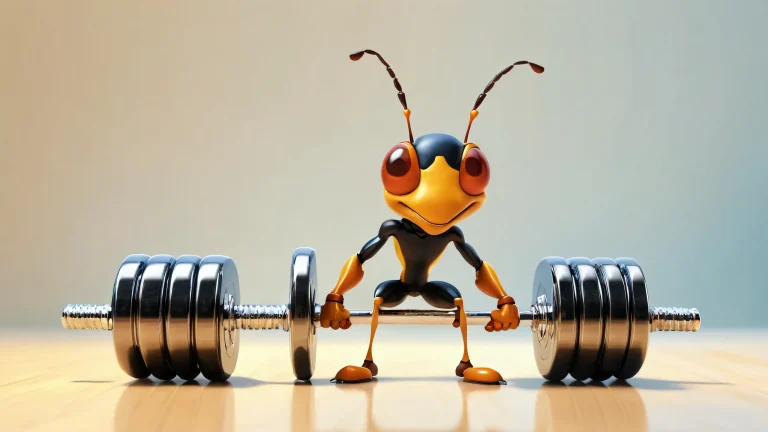A miniature gym scene with an ant lifting a dumbbell against a pure void background, suitable for desktop/PC use.