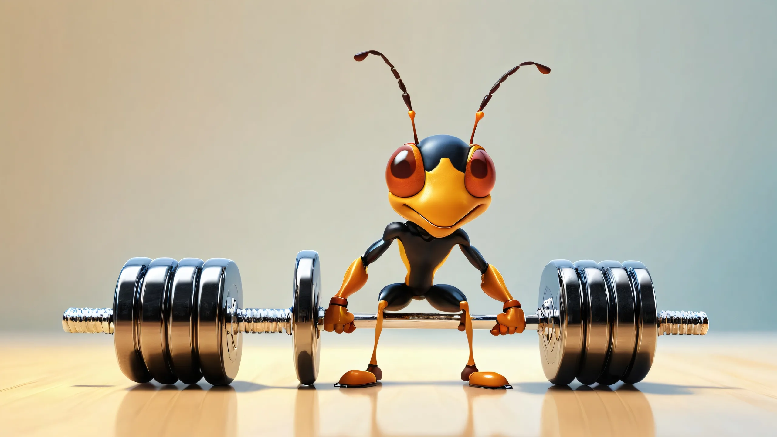 A miniature gym scene with an ant lifting a dumbbell against a pure void background, suitable for desktop/PC use.
