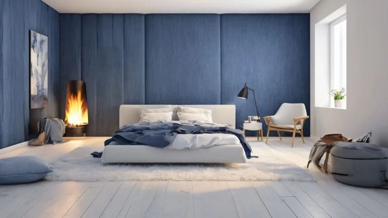 Cozy room desktop wallpaper with denim flames on a pure void background for PC/Desk use.