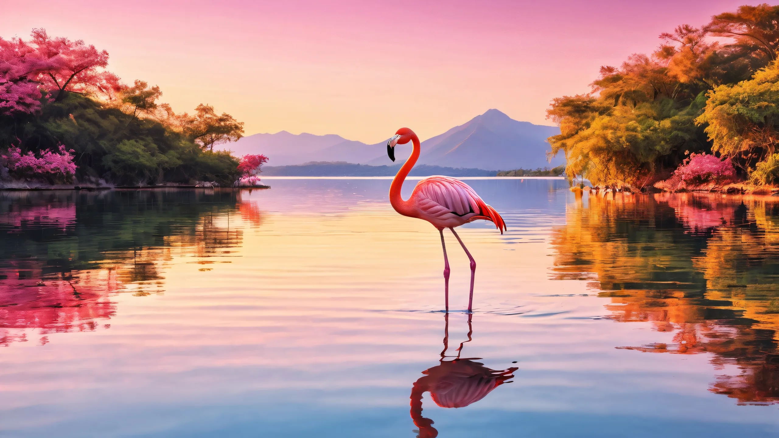 A beautifully designed desktop wallpaper featuring a flamingo standing in a vast pure void with a lake and sun in the background, perfect for desktop/pc.