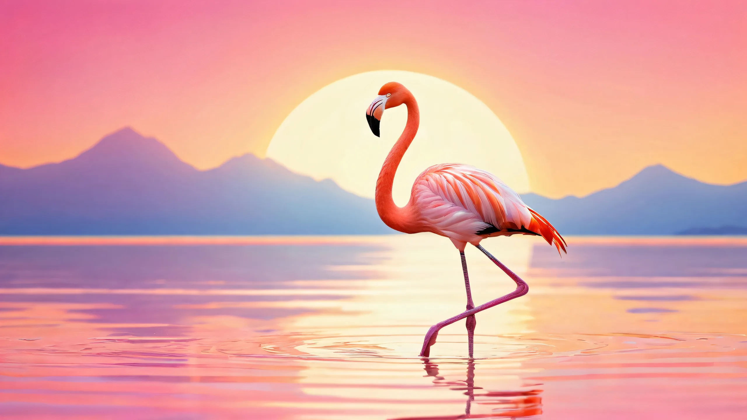 A serene desktop scene featuring a flamingo surrounded by a vast, pure void against a sun-drenched backdrop for Desktop/PC.