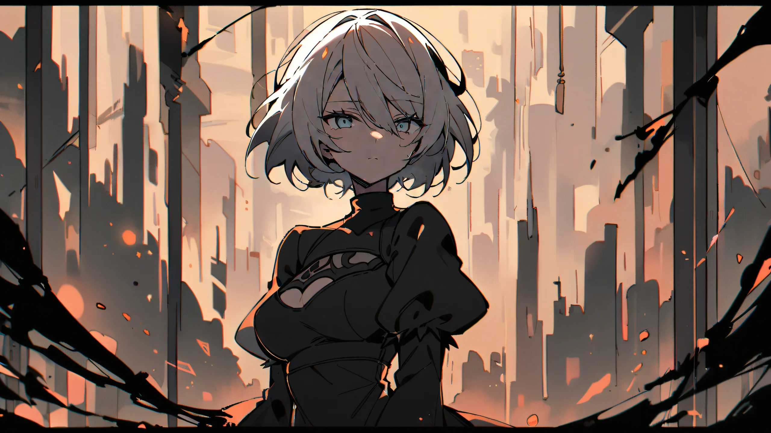 A girl stands alone in a vast, pure void, looking directly at the viewer, with glowing lights and dramatic shadows.