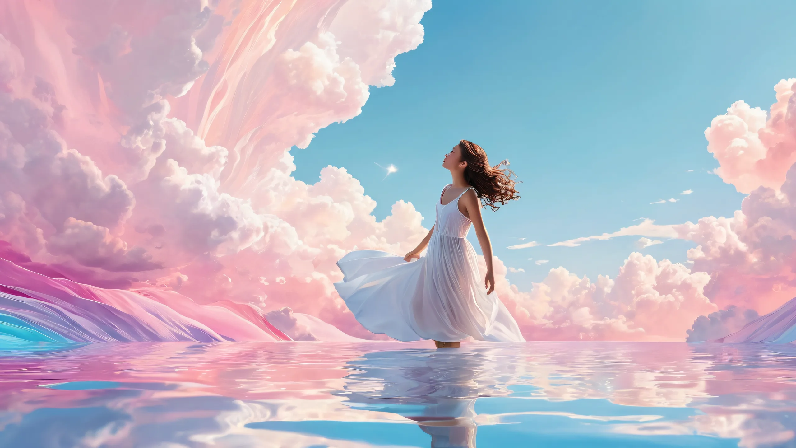 A serene desktop wallpaper featuring a floating girl in a vast pure void with subtle atmospheric cues, ideal for Desktop/PC use.