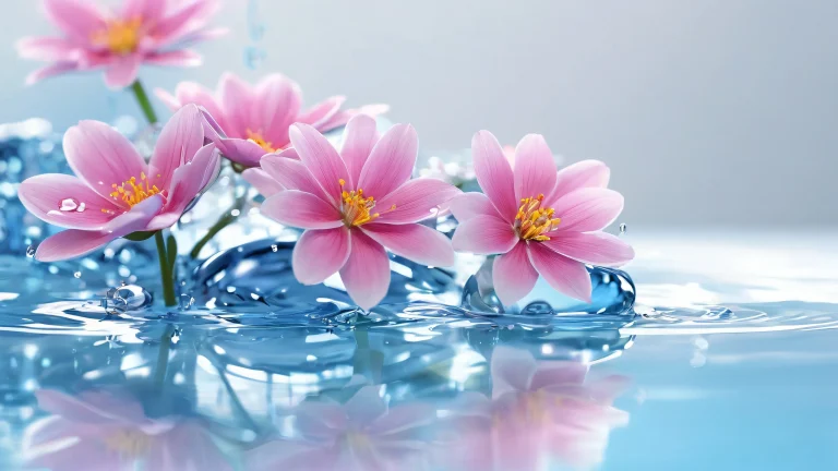 Ethereal flowers suspended in a vast, pure void on a desktop or PC, with gentle dripping and subtle particles.