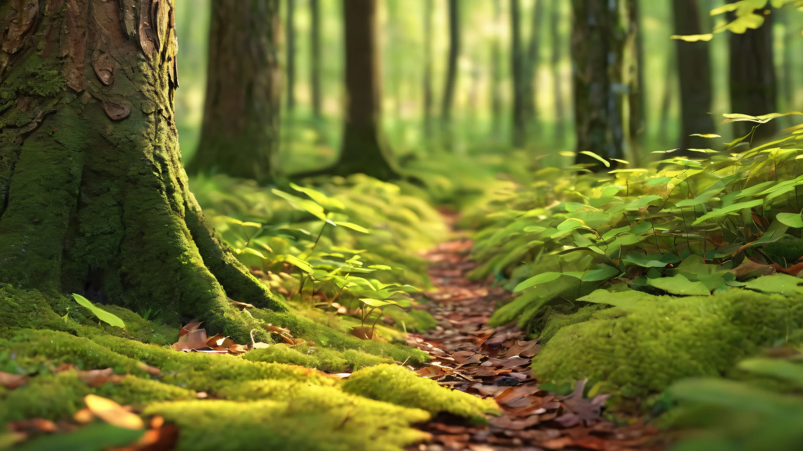 4K Ethereal Forest Oasis Desktop Background A serene forest floor scene for desktop/PC, featuring layered foliage and tree trunks, perfect for a nature-inspired background.