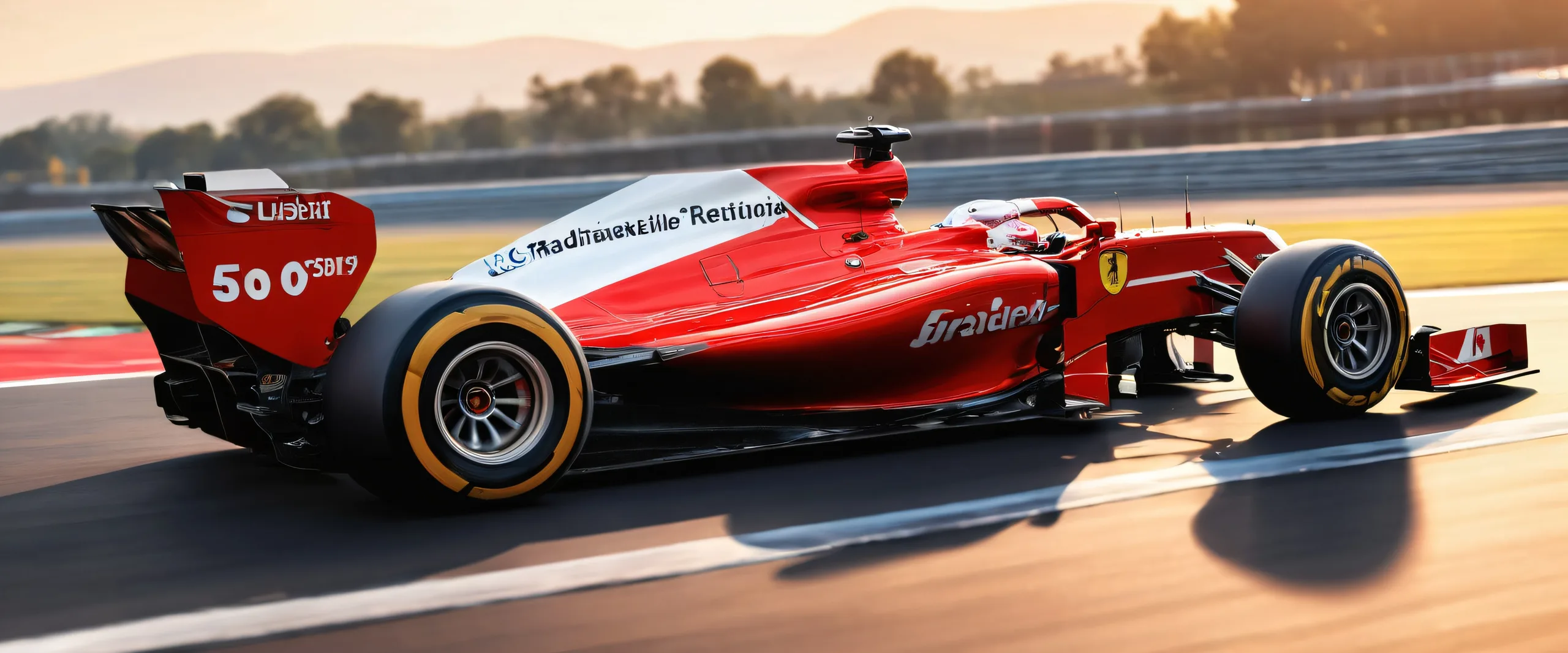 A dramatic desktop wallpaper featuring a Formula 1 vehicle on a vast, pure void background, with subtle sunlit haze and distant horizon, ideal for Desktop/PC use.