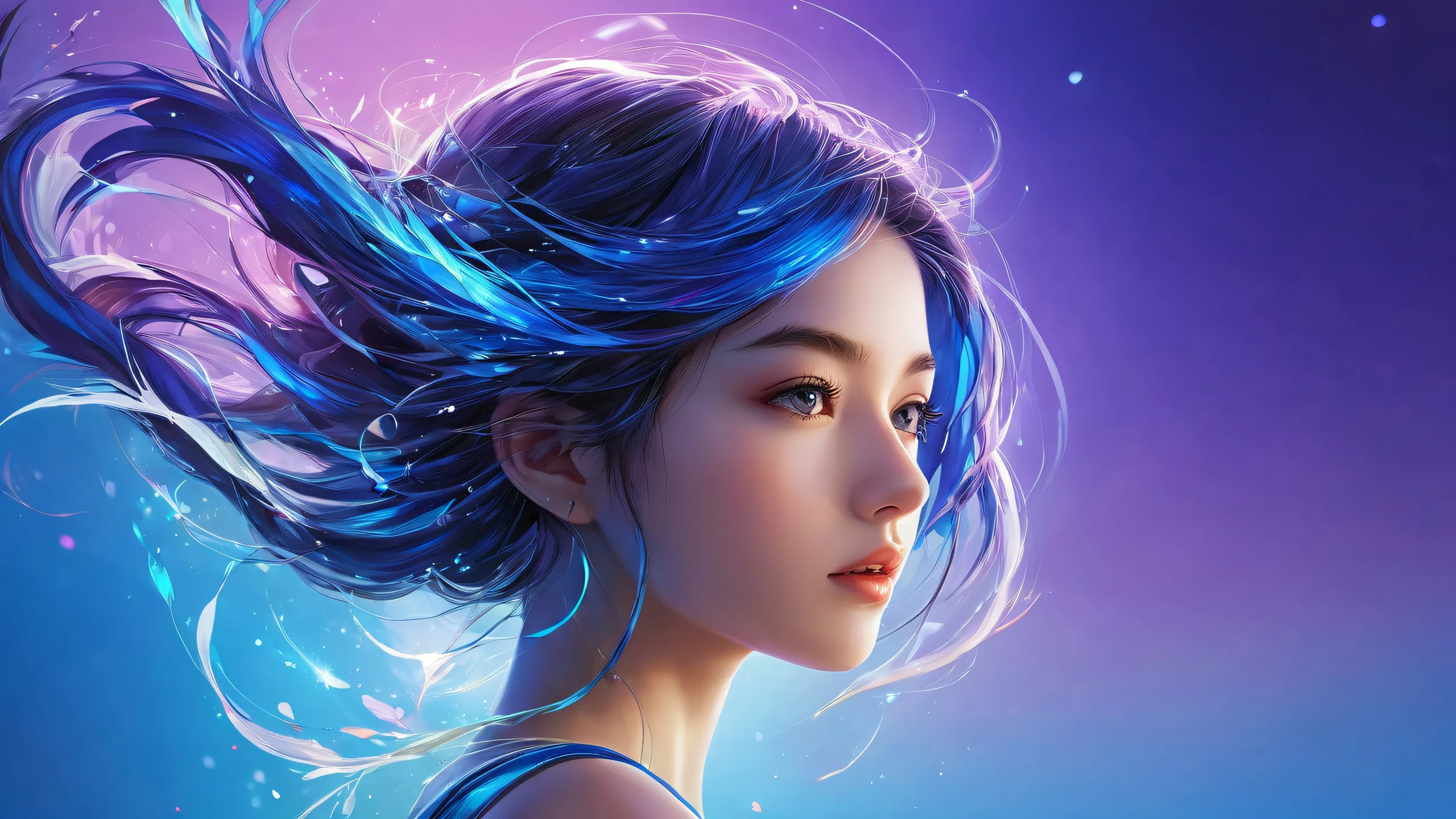 Beautiful desktop wallpaper of 1girl against a vast pure void with radiant colors and ray traced reflections for Desktop/PC