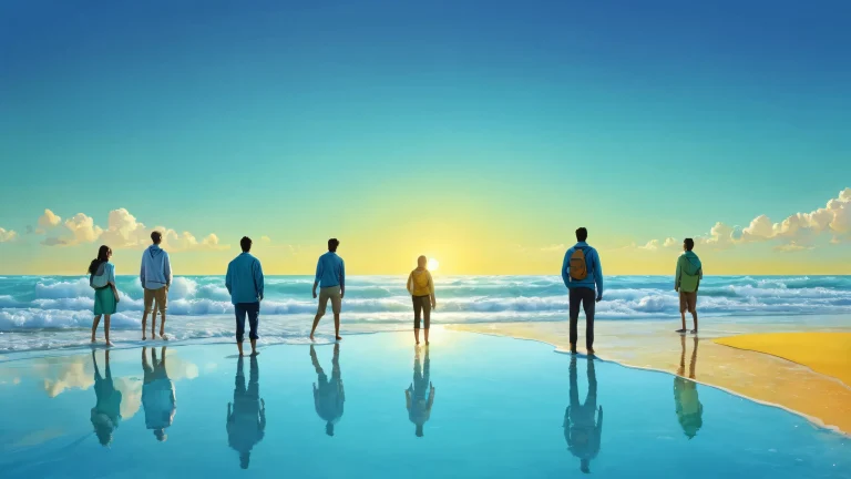Group of people standing in a vast, pure void with an emphasis on depth and freedom. Desktop/PC wallpaper.
