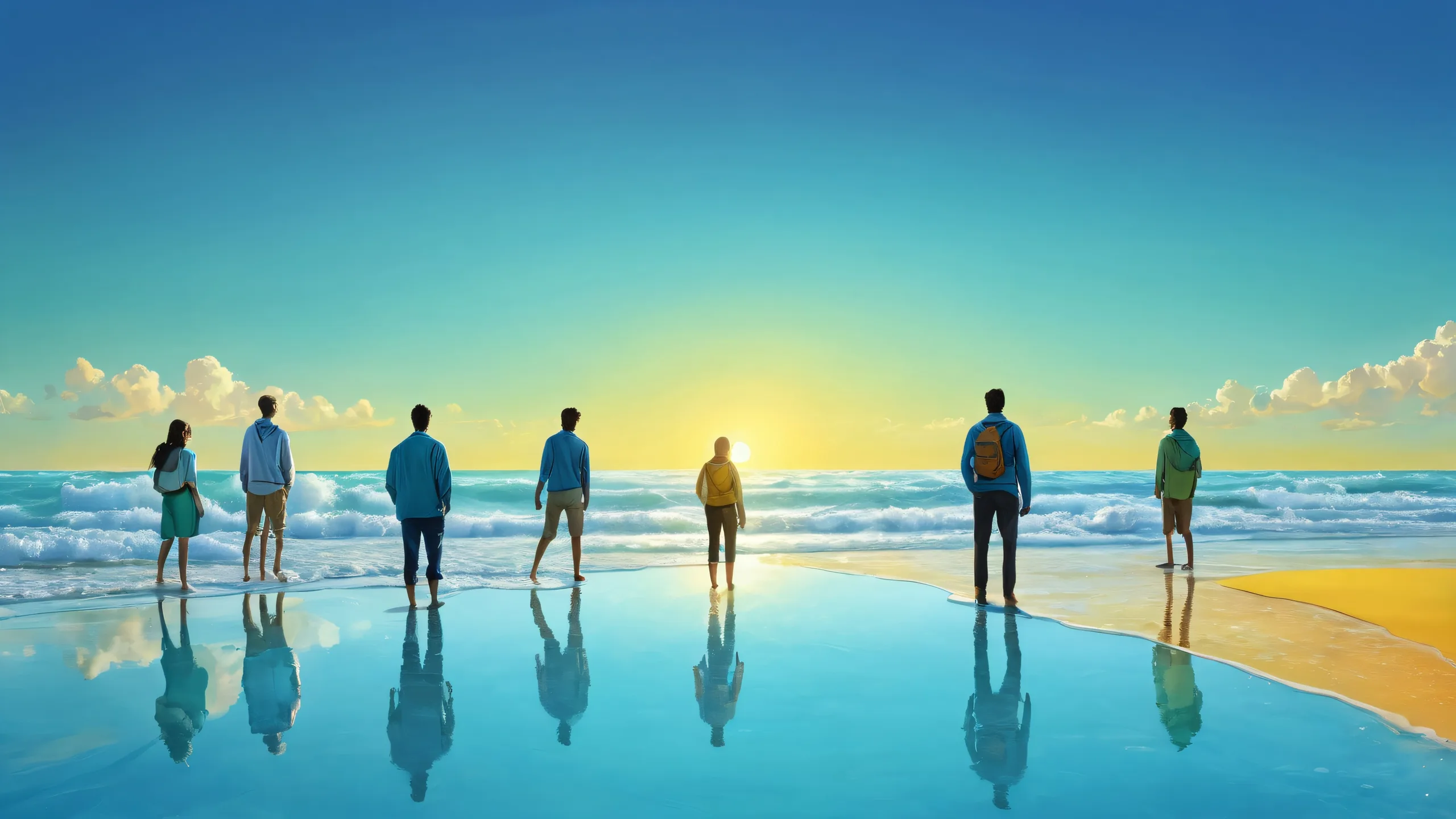 Group of people standing in a vast, pure void with an emphasis on depth and freedom. Desktop/PC wallpaper.