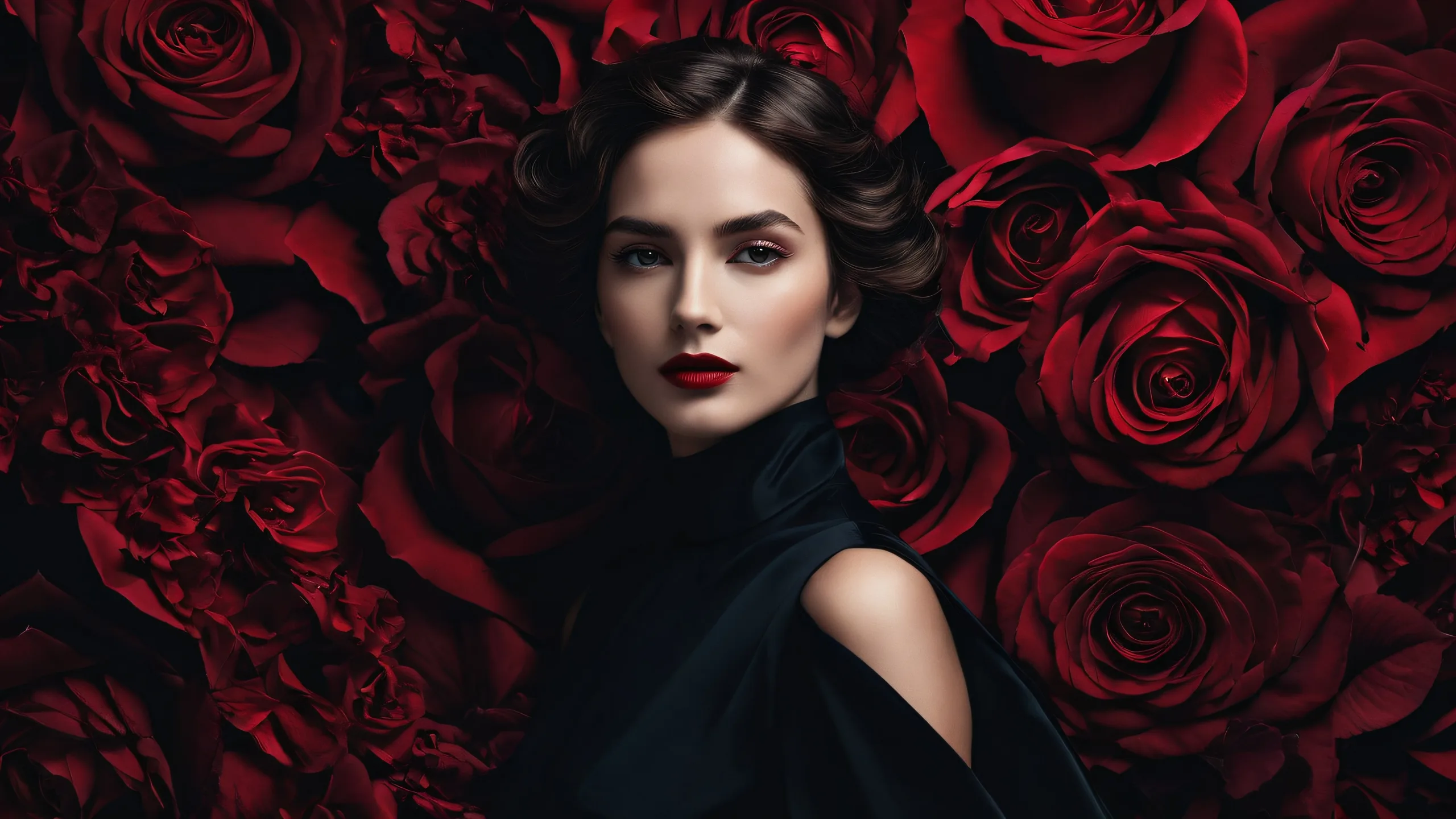 A stunning desktop wallpaper of a French woman set against a vast pure void on a dark mode background, perfect for Desktop/PC use.