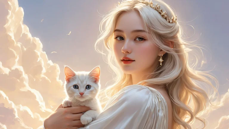 A stunning desktop wallpaper featuring Frien holding a cat in a vast, pure void with a subtle silk-like texture and exquisite ethereal lighting.