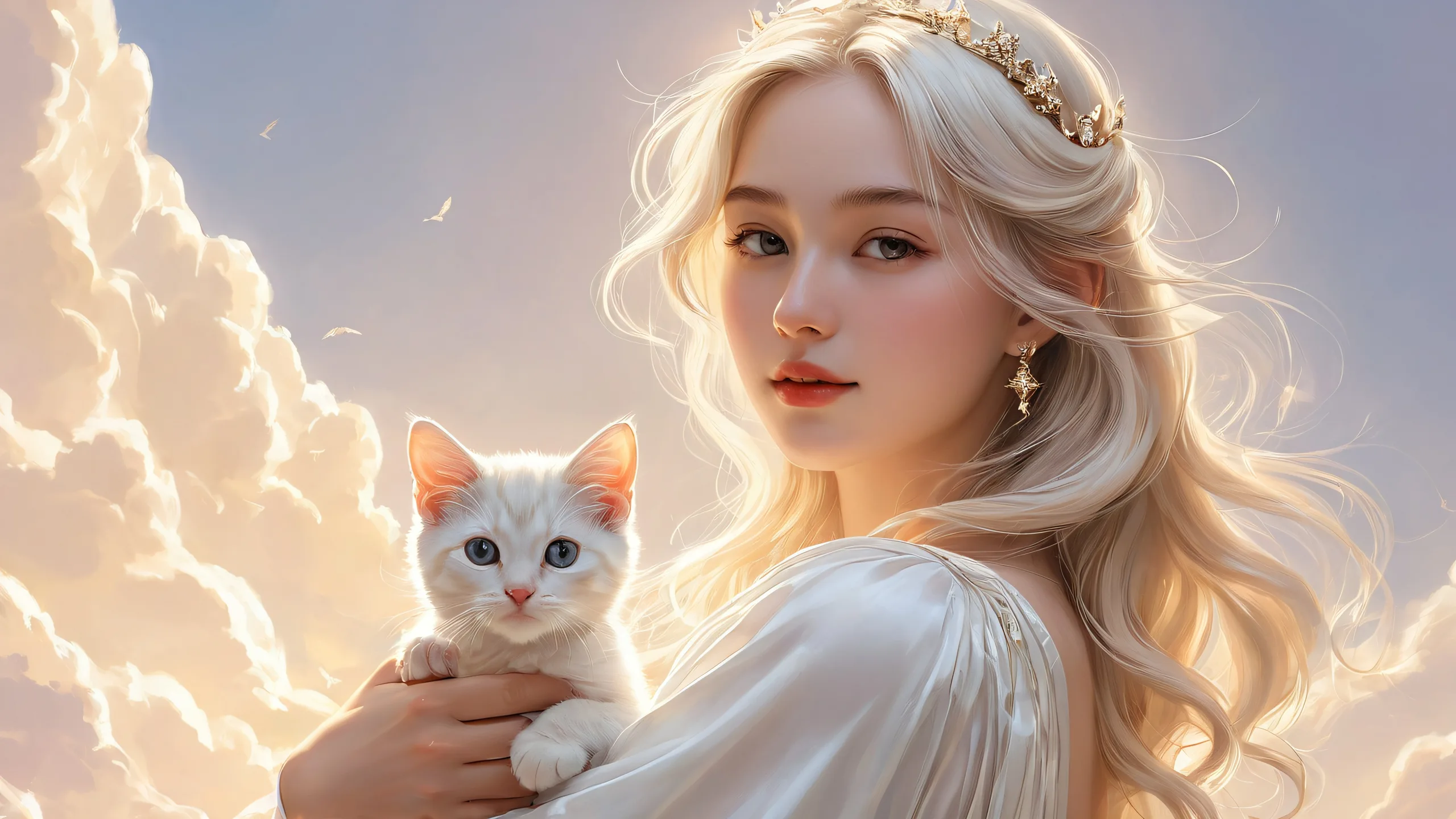 A stunning desktop wallpaper featuring Frien holding a cat in a vast, pure void with a subtle silk-like texture and exquisite ethereal lighting.