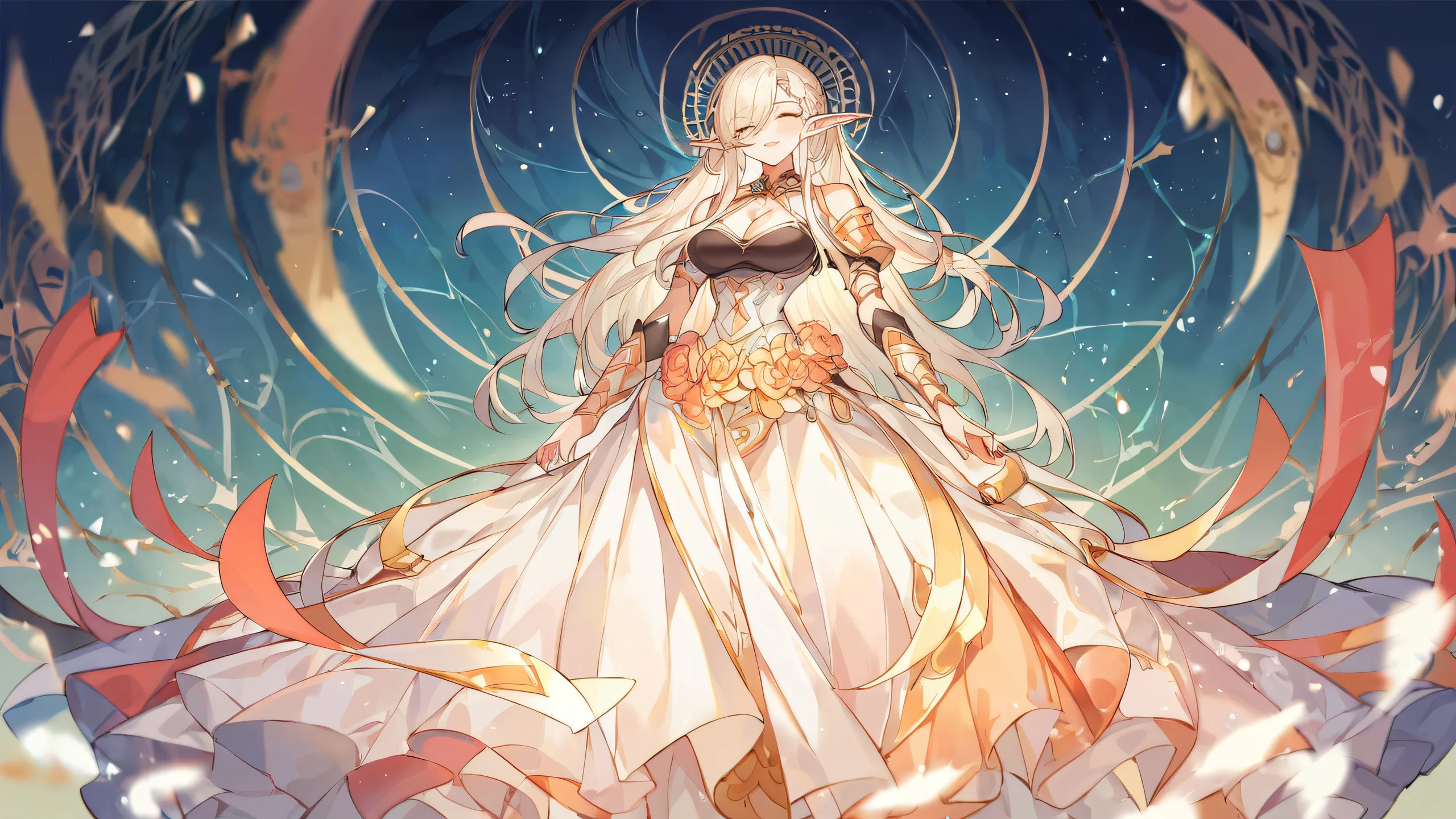 Elf Girl Frieren on a perfectly clean vast pure void desktop with breathtaking sky and extreme depth of field, for PC/ Desktop use.