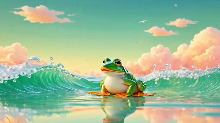 Whimsical desktop wallpaper featuring frog and duck amidst ocean waves on a pure void background for Desktop/PC users.