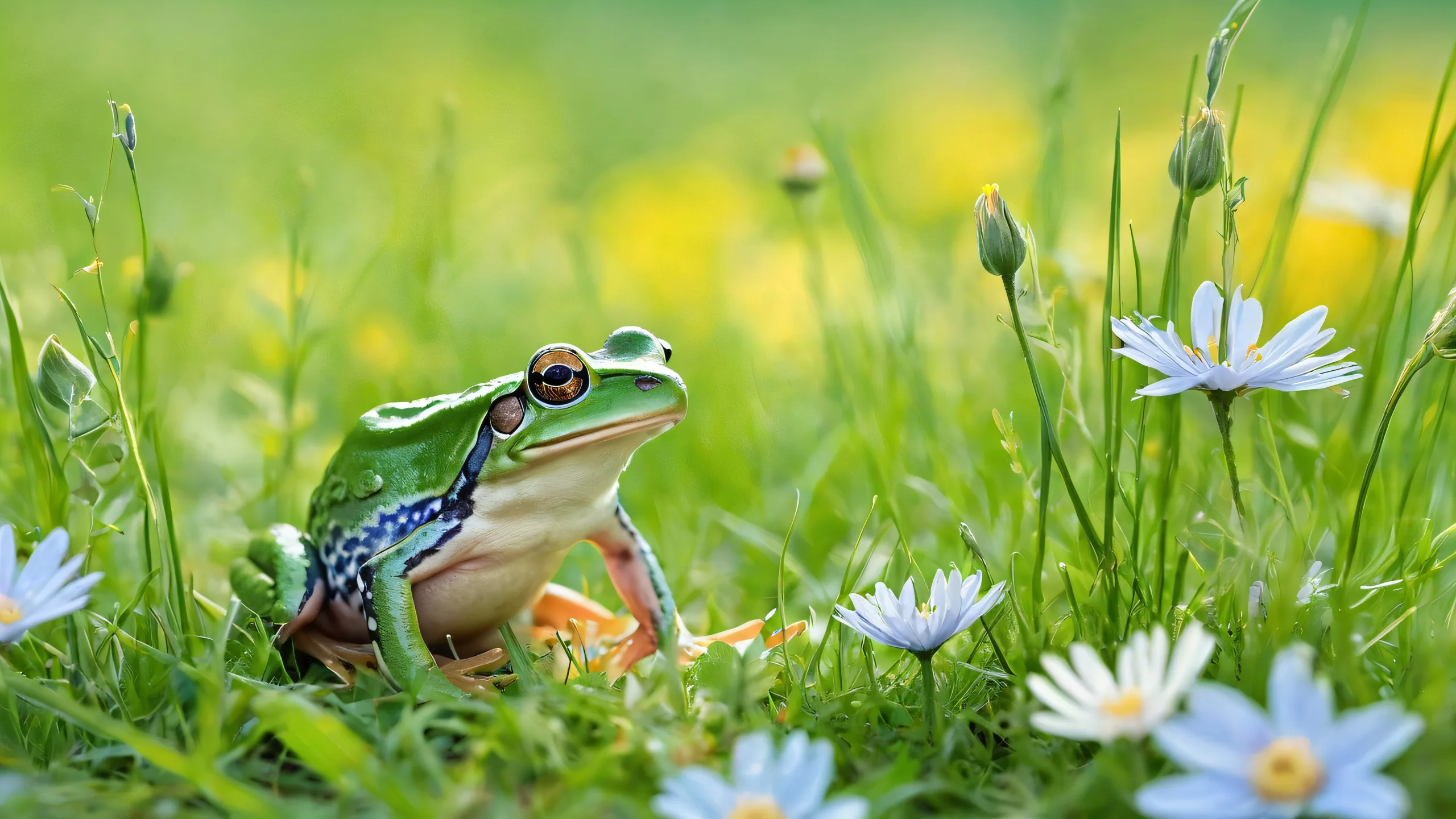 Illustrated meadow scene with frog and mouse against a soft blue sky on a desktop or PC.