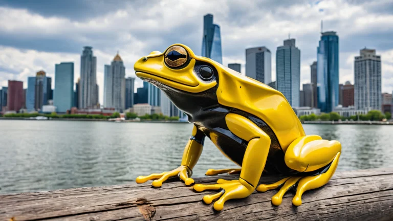 Mechanical frog perched on wooden post with modern city skyline and water's edge at sunrise, suitable for desktop/pc
