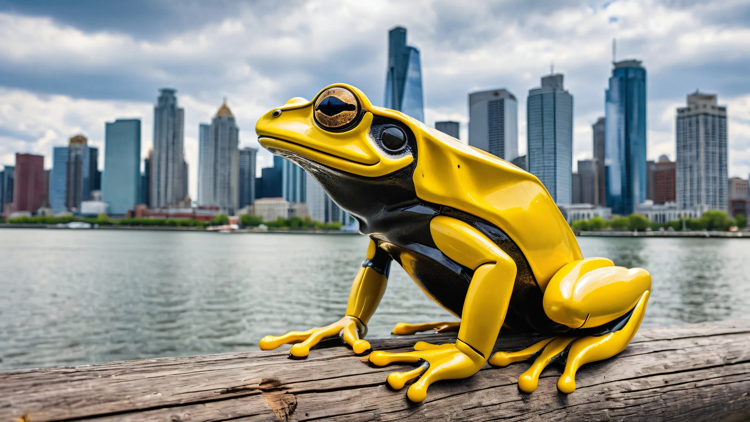 Mechanical frog perched on wooden post with modern city skyline and water's edge at sunrise, suitable for desktop/pc