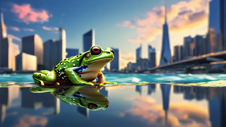 A stunning desktop wallpaper featuring a frog perched on the water's edge, with a modern city skyline reflected in its eyes, set against a cloudy sky and pristine void.
